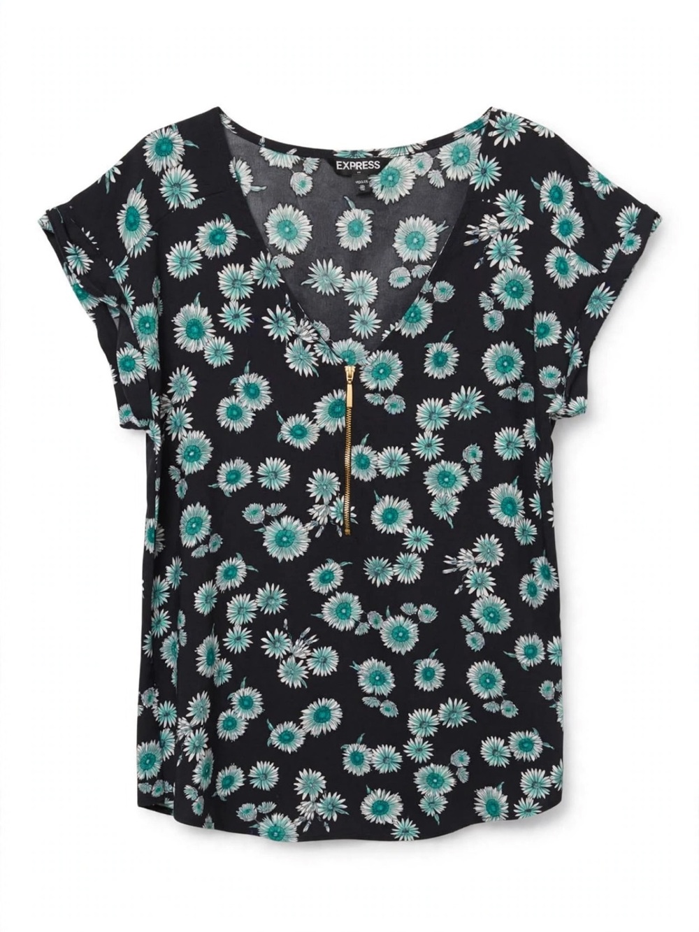 Express Black Floral V-Neck Top with Teal Accents and Front Zip